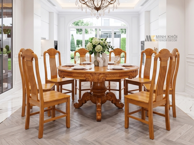 Bàn Ăn Tròn Gỗ Gõ Đỏ 8 Ghế Sọc Cao Cấp - BA935