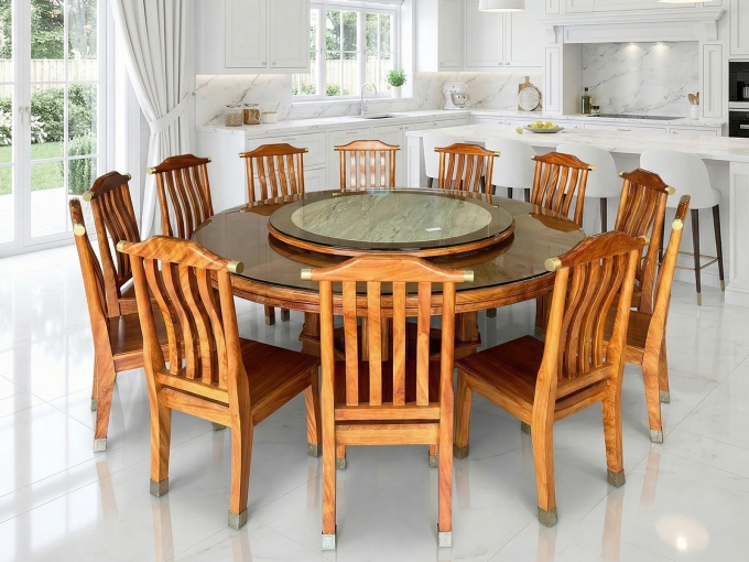 Bàn Ăn Tròn Gỗ Gõ Đỏ Mâm Xoay 12 Ghế Cao Cấp - BA300