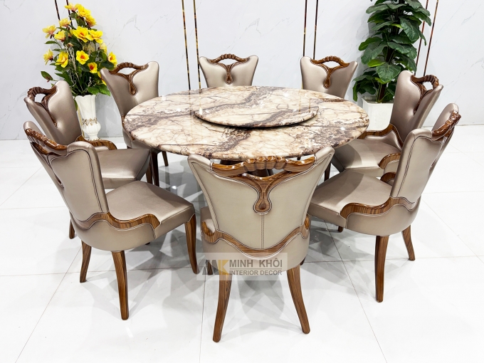 Bàn Ăn Tròn Gỗ Sồi Màu Óc Chó Mặt Đá Mâm Xoay - BA297