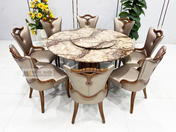 Bàn Ăn Tròn Gỗ Sồi Màu Óc Chó Mặt Đá Mâm Xoay - BA297