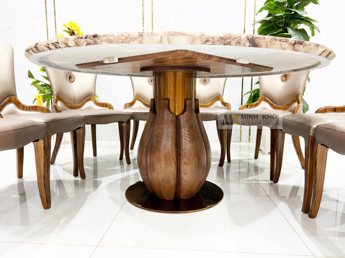 Bàn Ăn Tròn Gỗ Sồi Màu Óc Chó Mặt Đá Mâm Xoay - BA297
