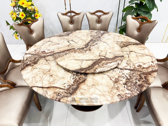 Bàn Ăn Tròn Gỗ Sồi Màu Óc Chó Mặt Đá Mâm Xoay - BA297