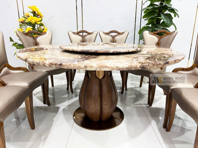 Bàn Ăn Tròn Gỗ Sồi Màu Óc Chó Mặt Đá Mâm Xoay - BA297