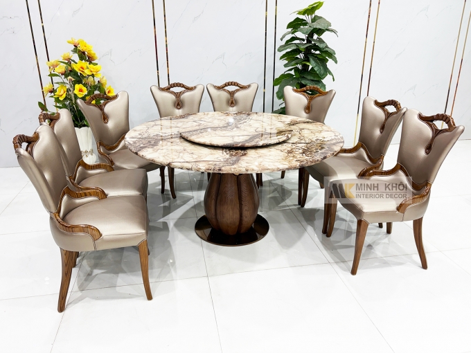 Bàn Ăn Tròn Gỗ Sồi Màu Óc Chó Mặt Đá Mâm Xoay - BA297