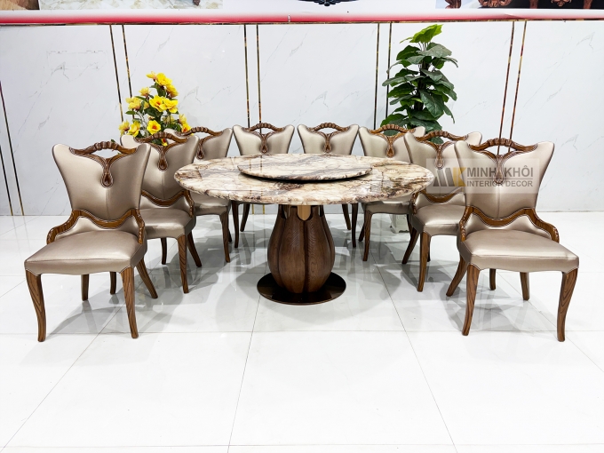 Bàn Ăn Tròn Gỗ Sồi Màu Óc Chó Mặt Đá Mâm Xoay - BA297