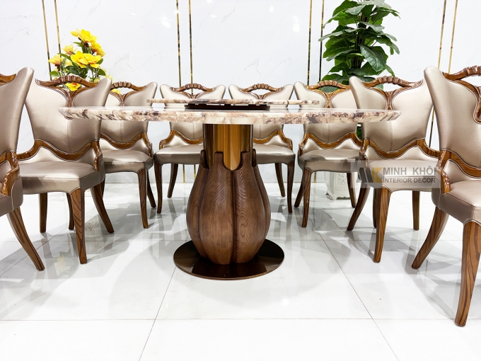 Bàn Ăn Tròn Gỗ Sồi Màu Óc Chó Mặt Đá Mâm Xoay - BA297