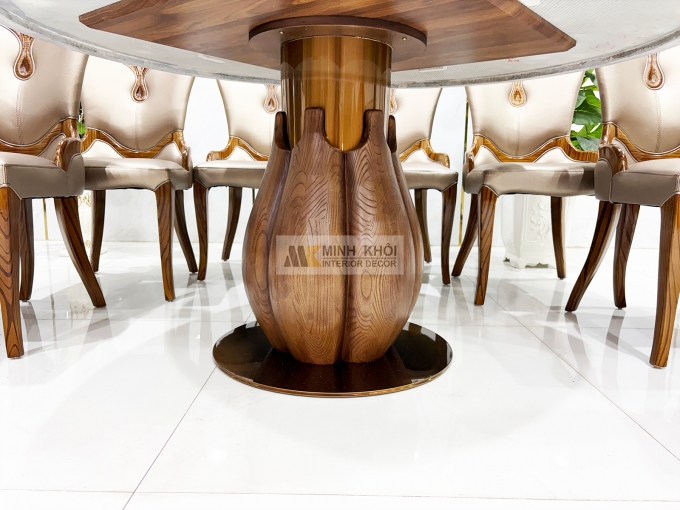 Bàn Ăn Tròn Gỗ Sồi Màu Óc Chó Mặt Đá Mâm Xoay - BA297