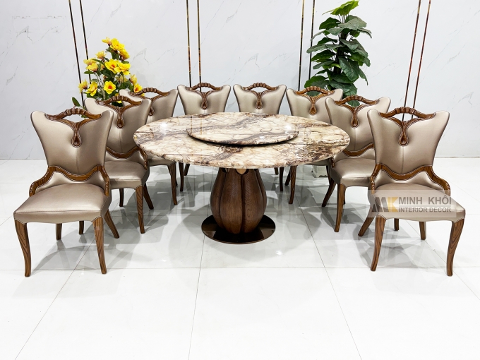Bàn Ăn Tròn Gỗ Sồi Màu Óc Chó Mặt Đá Mâm Xoay - BA297