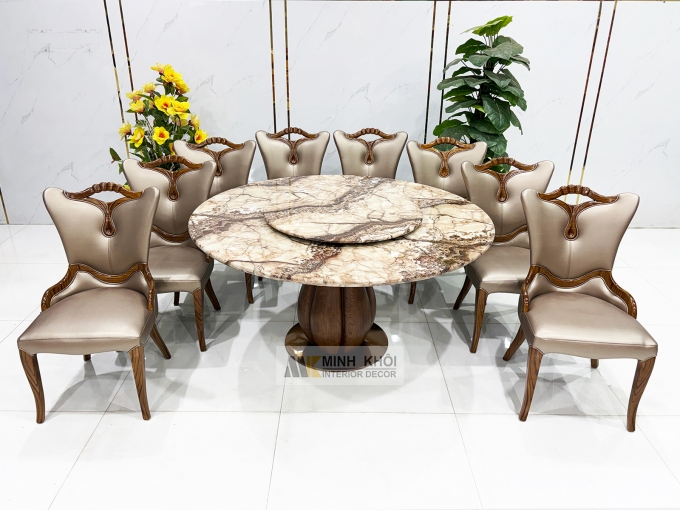 Bàn Ăn Tròn Gỗ Sồi Màu Óc Chó Mặt Đá Mâm Xoay - BA297