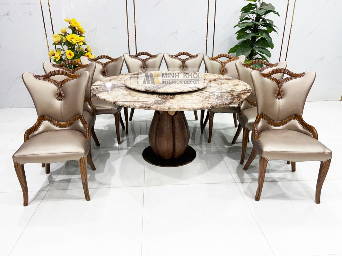 Bàn Ăn Tròn Gỗ Sồi Màu Óc Chó Mặt Đá Mâm Xoay - BA297