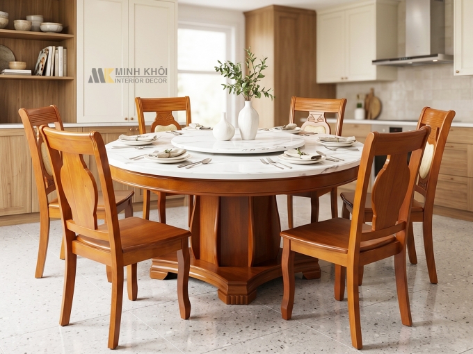 Bàn Ăn Tròn Mặt Đá Có Mâm Xoay (Cẩn 1 Đá) – BA307