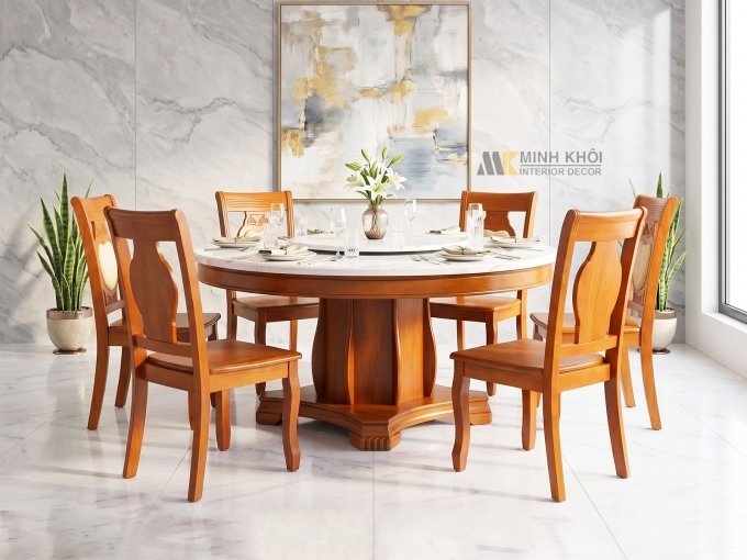 Bàn Ăn Tròn Mặt Đá Có Mâm Xoay (Cẩn 1 Đá) – BA307