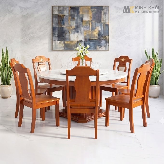 Bàn Ăn Tròn Mặt Đá Có Mâm Xoay Cao Cấp - BA305