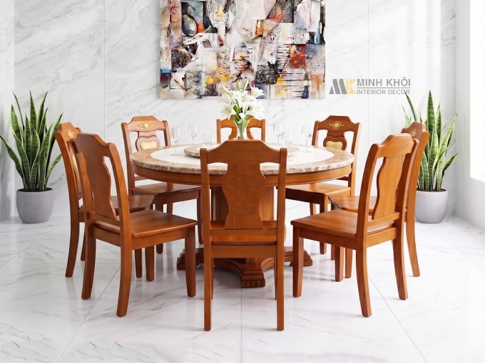Bàn Ăn Tròn Mặt Đá Mâm Xoay (Cẩn 2 Đá) - BA304
