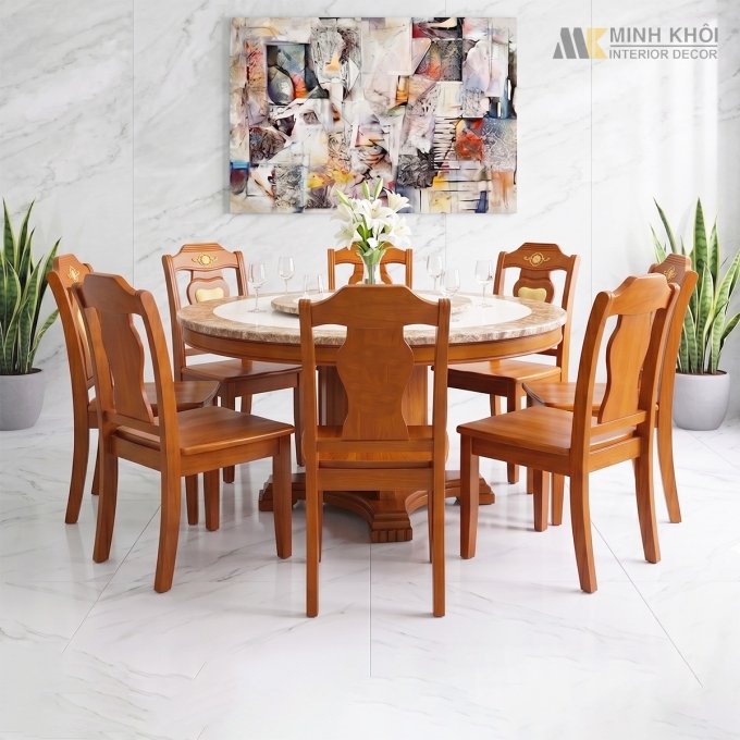 Bàn Ăn Tròn Mặt Đá Mâm Xoay (Cẩn 2 Đá) - BA304