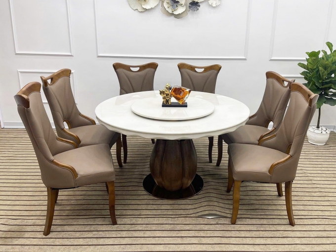 Bàn Ăn Tròn Mặt Đá Mâm Xoay Ghế Bọc Nệm - BA299