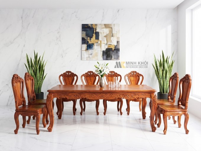 Bàn Ghế Ăn Đẹp Chữ Nhật Gỗ Cẩm Lai 8 Ghế - BA260