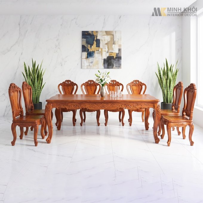 Bàn Ghế Ăn Đẹp Chữ Nhật Gỗ Cẩm Lai 8 Ghế - BA260