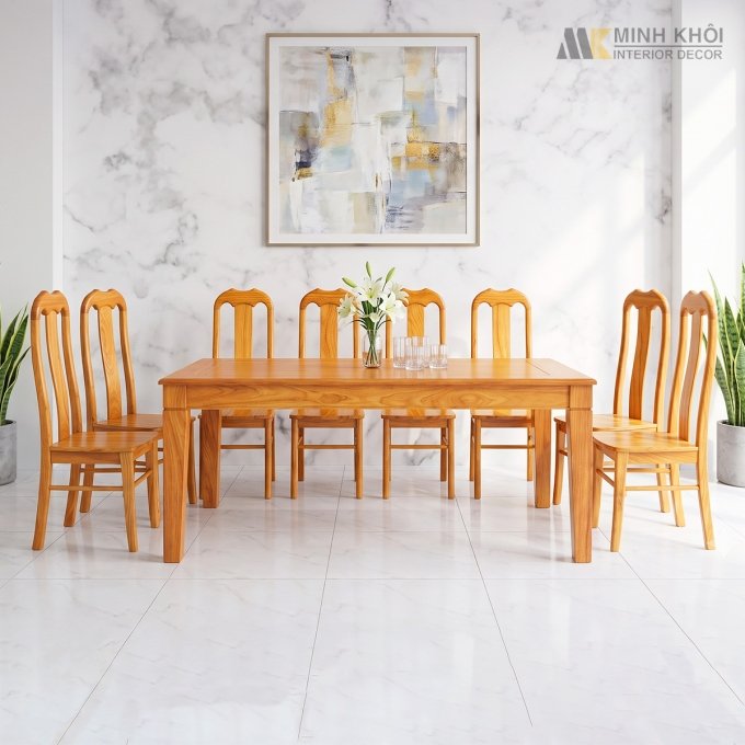 Bàn Ghế Ăn Gõ Đỏ Cao Cấp 8 Ghế Đầu Bò - BA1002