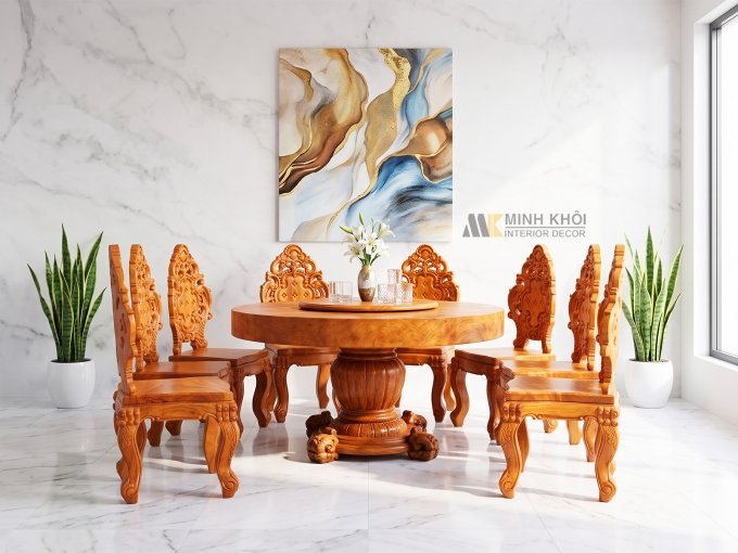 Bàn Ghế Ăn Gõ Đỏ Nguyên Khối Tròn Chân Trụ 8 Ghế - BA128