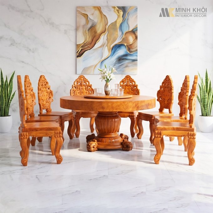 Bàn Ghế Ăn Gõ Đỏ Nguyên Khối Tròn Chân Trụ 8 Ghế - BA128