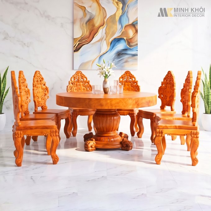 Bàn Ghế Ăn Gõ Đỏ Nguyên Khối Tròn Chân Trụ 8 Ghế - BA128