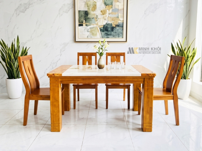 Bàn Ghế Ăn Gỗ Tự Nhiên Mặt Đá 4 Ghế - BA1009