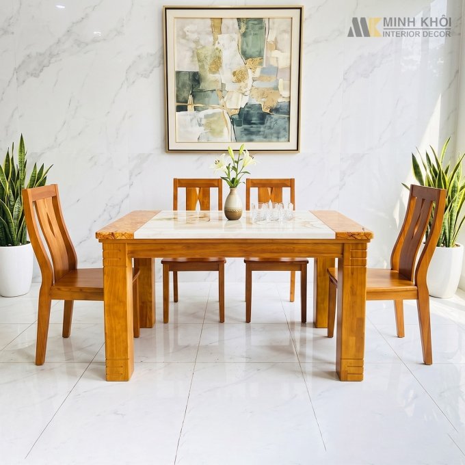 Bàn Ghế Ăn Gỗ Tự Nhiên Mặt Đá 4 Ghế - BA1009