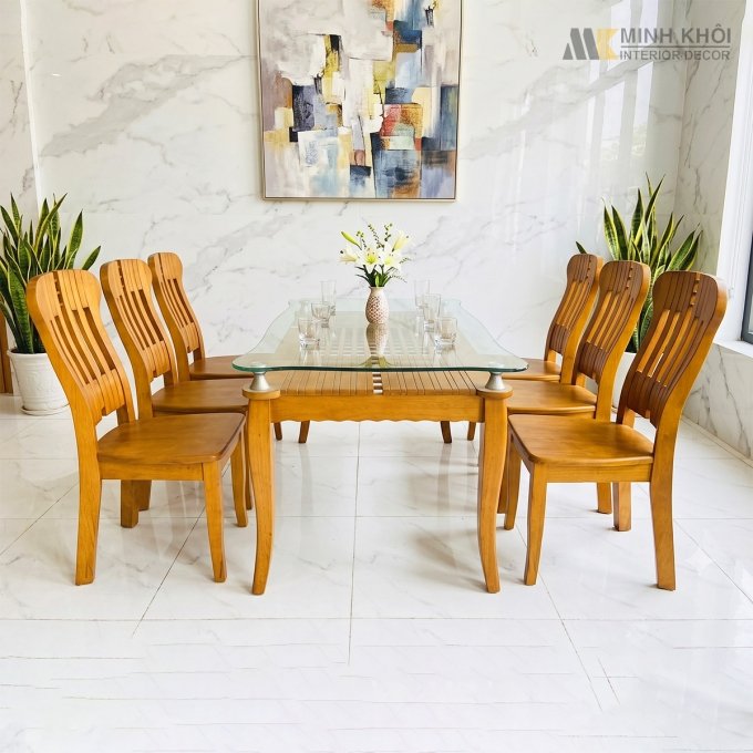Bàn Ghế Ăn Mặt Kính Gỗ Tự Nhiên 6 Ghế - BA235