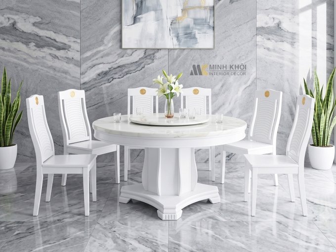 Bàn Ghế Ăn Tròn 6 Ghế Gỗ Tự Nhiên Mặt Đá - BA219