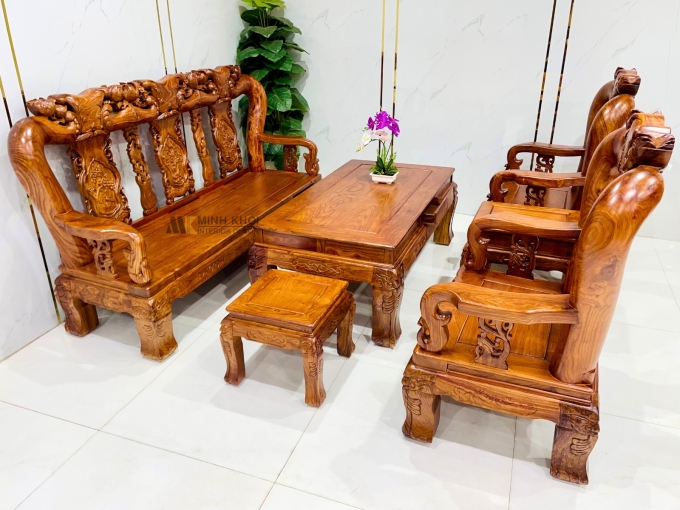 Bàn Ghế Gỗ Hương Vân Tay 14 Chạm Đào - SL992