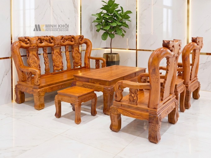 Bàn Ghế Gỗ Hương Vân Tay 14 Chạm Đào - SL992