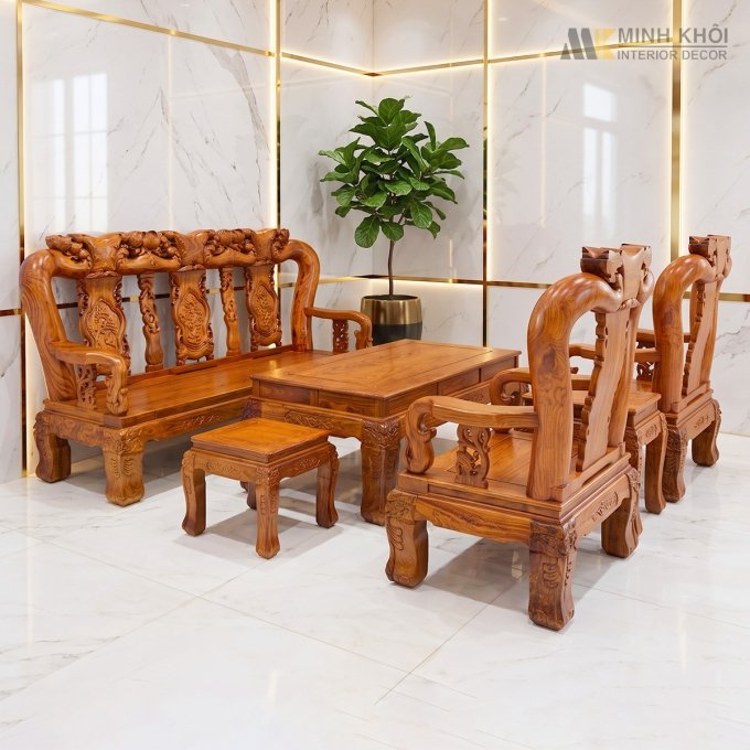 Bàn Ghế Gỗ Hương Vân Tay 14 Chạm Đào - SL992