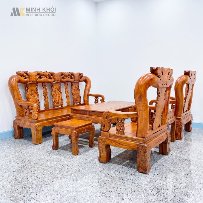 Bàn Ghế Gỗ Hương Vân Tay 14 Chạm Đào - SL992