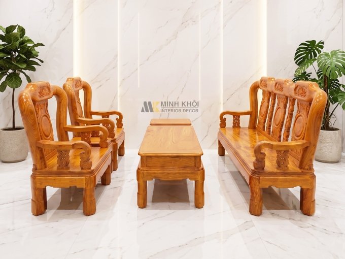 Bàn Ghế Salon Gỗ Hương Đá Tay 10 Chân Xoay - SL993