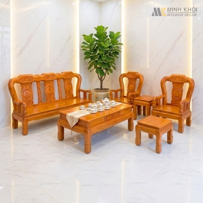 Bàn Ghế Salon Gỗ Hương Đá Tay 10 Chân Xoay - SL993
