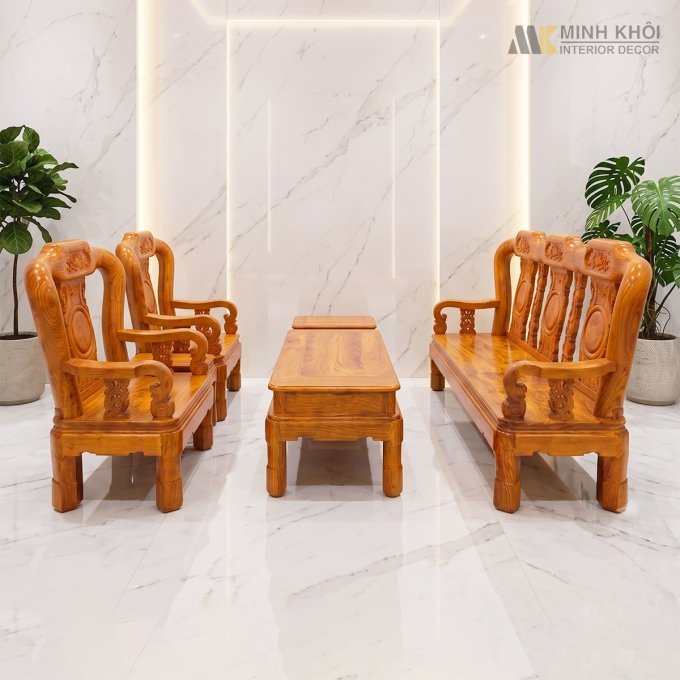 Bàn Ghế Salon Gỗ Hương Đá Tay 10 Chân Xoay - SL993