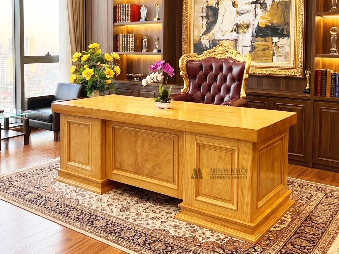 Bàn Làm Việc Gỗ Gõ Đỏ Mặt Dày Nguyên Tấm - BLV995