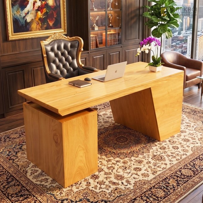 Bàn Làm Việc Gỗ Gõ Đỏ Mặt Liền Nguyên Tấm - BLV998