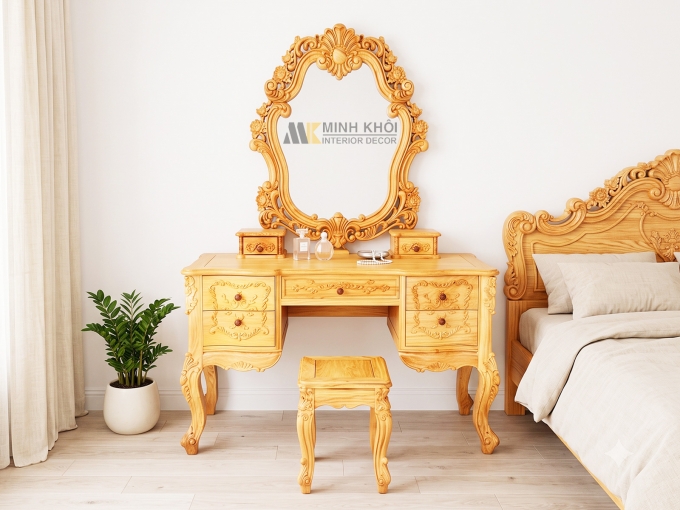 Bàn Phấn Trang Điểm Gõ Louis 5 Hộc Kéo - BTD278