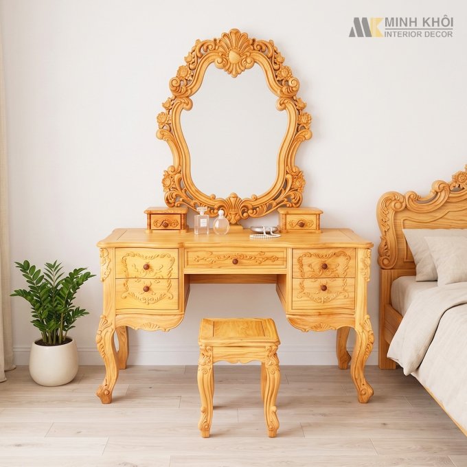 Bàn Phấn Trang Điểm Gõ Louis 5 Hộc Kéo - BTD278