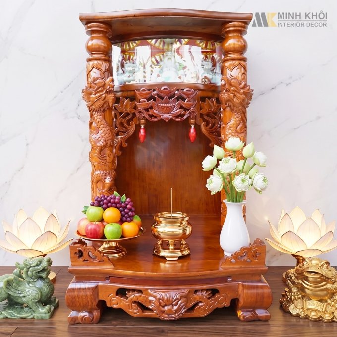 Bàn Thờ Ông Địa Gỗ Căm Xe Chạm Rồng Nổi Có Hộp Đèn - BTTT209