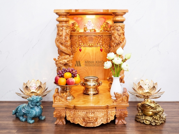 Bàn Thờ Ông Địa Gỗ Gõ Đỏ Cột Chạm Rồng - BTTT816