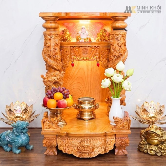 Bàn Thờ Ông Địa Gỗ Gõ Đỏ Cột Chạm Rồng - BTTT816