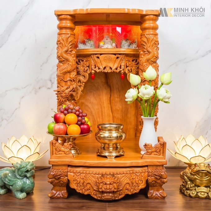 Bàn Thờ Ông Địa Gỗ Gõ Đỏ Cột Rồng - BTTT910