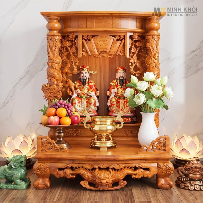 Bàn Thờ Thần Tài Đẹp Gõ Đỏ Cột Chạm Rồng - BTTT185