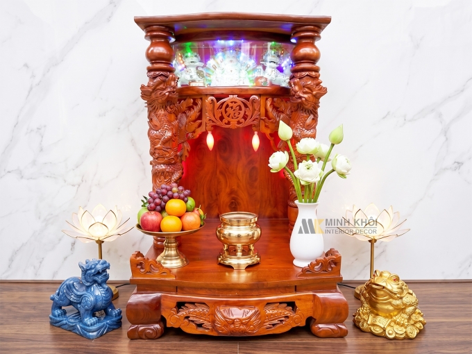 Bàn Thờ Thần Tài Gỗ Căm Xe Rồng Nổi Có Hộp Điện - BTTT208