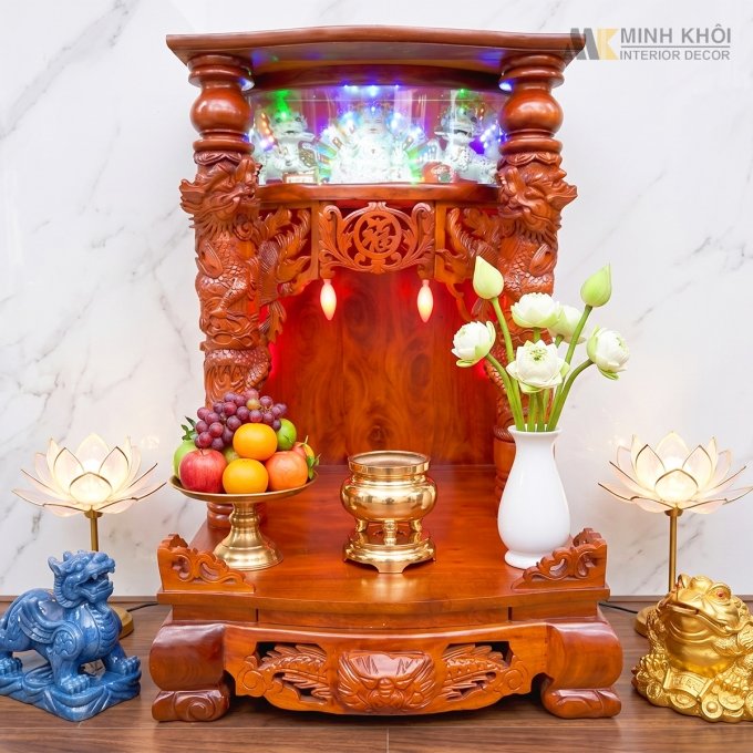 Bàn Thờ Thần Tài Gỗ Căm Xe Rồng Nổi Có Hộp Điện - BTTT208