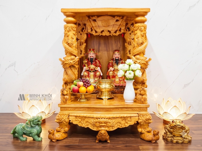 Bàn Thờ Thần Tài Gõ Đỏ Cột Rồng Chân Qui - BTTT920