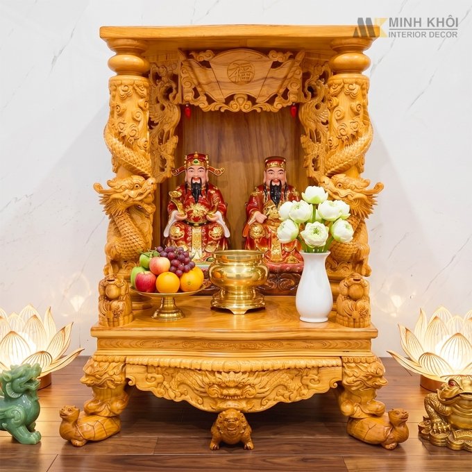 Bàn Thờ Thần Tài Gõ Đỏ Cột Rồng Chân Qui - BTTT920